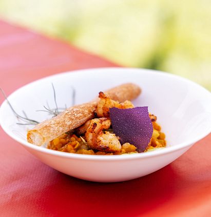 Das Bild zeigt einen weißen Teller mit einer Portion gelben, gekochten Linsen, angerichtet mit knusprig gebratenen Garnelen, einem knusprigen Stängel und einer violetten Dekoration.