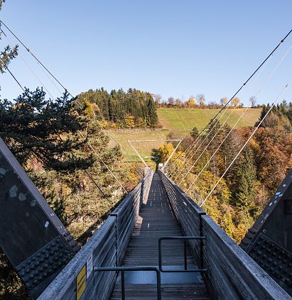 Eine Hängebrücke aus Metall spannt sich über eine bewaldete Schlucht. Der Himmel ist klar, und im Hintergrund sind Hügel und herbstlich gefärbte Bäume zu sehen.