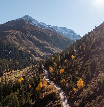 Berglandschaft mit schneebedecktem Gipfel im Hintergrund, bewaldeten Hängen und einem Fluss, der durch das Tal fließt. Herbstlich gefärbte Bäume leuchten in der Sonne.