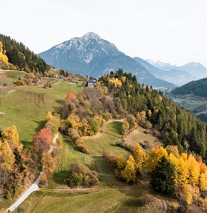 Eine herbstliche Landschaft mit bunten Bäumen, sanften Hügeln und einem verschneiten Berg im Hintergrund. Ein schmaler Weg schlängelt sich durch die malerische Szenerie.