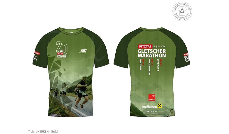 Grünes Laufshirt mit Aufdruck für den Pitztal Gletscher Marathon. Vorne und hinten sind Läufer, Berglandschaft und Sponsorenlogos zu sehen. Rückseite mit Laufstrecke.