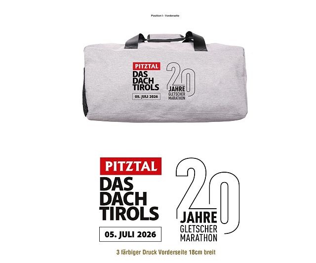 Graues T-Shirt mit dem Aufdruck "Pitztal – Das Dach Tirols,20 Jahre Gletscher Marathon,05. Juli2026". Das Layout ist schlicht und sportlich gestaltet.