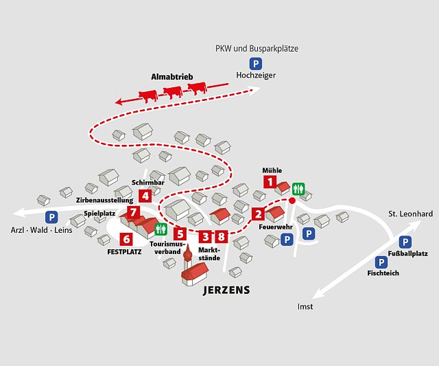 Grafische Übersicht vom Dorffest mit den einzelnen Stationen beim Almabtrieb in Jerzens.