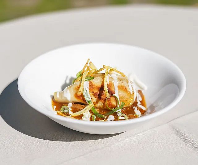 Ein Gericht auf einem weißen Teller, das eine gefüllte Teigtasche zeigt, garniert mit einer Sauce, Zwiebelstreifen und Kräutern. Der Hintergrund ist unscharf.