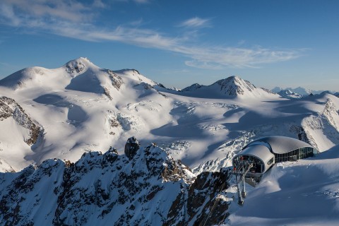Panorama of Wildspitzbahn Gondola and Wildspitze Peak at Pitztal Glacier